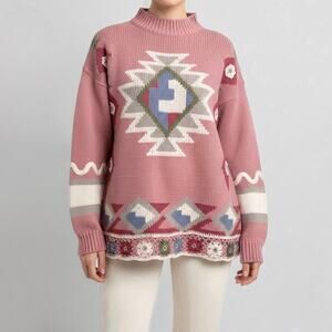 80s Granny Square Crochet Sweater Mock Neck Instarsia Grandmacore Aztec M